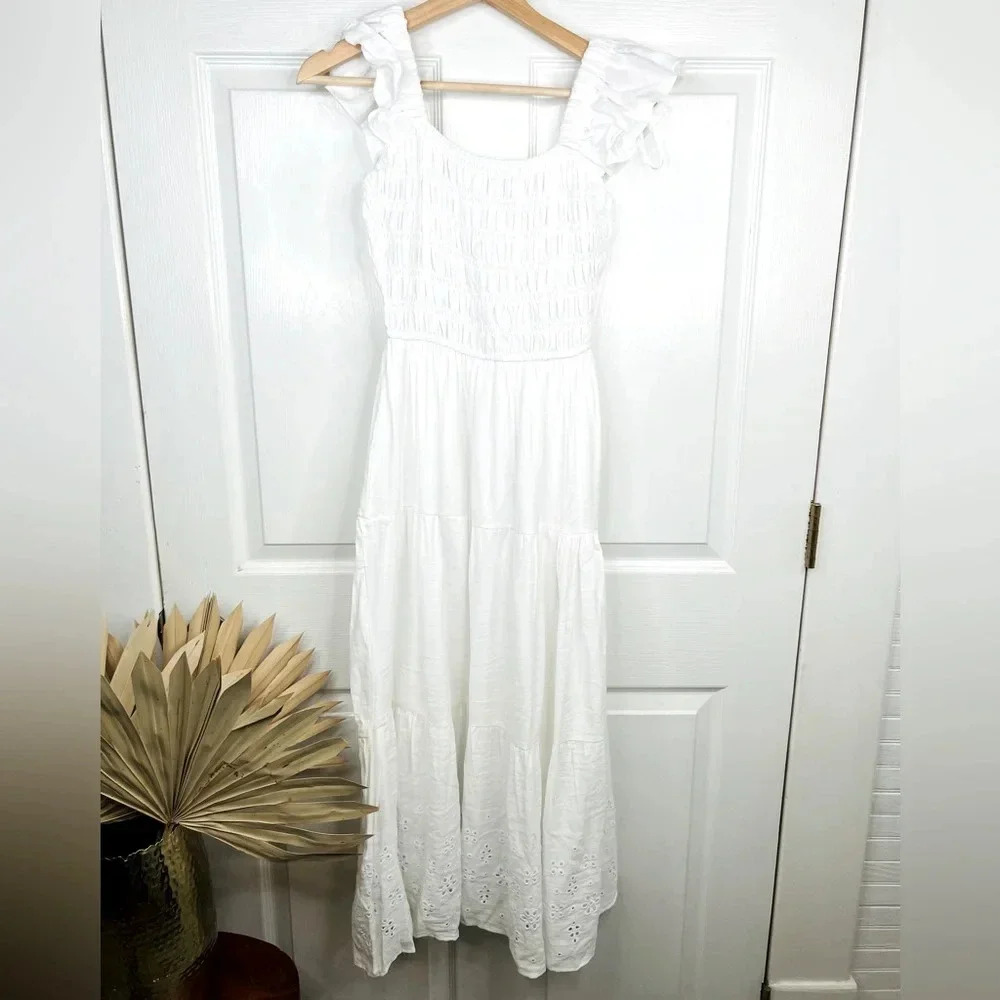 Blu Pepper Women's White Smocked Tiered Midi Dress Size S Ruffle Accents NWOT